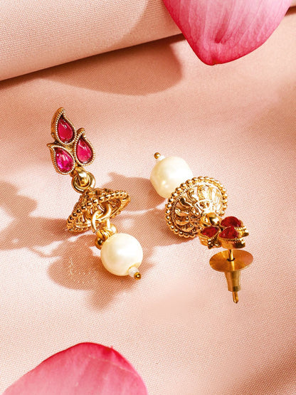 Dhiyona RJ Women's 22K Gold-Plated Handcrafted Brass Necklace Set with Ruby Red Stones & Pearl Drops