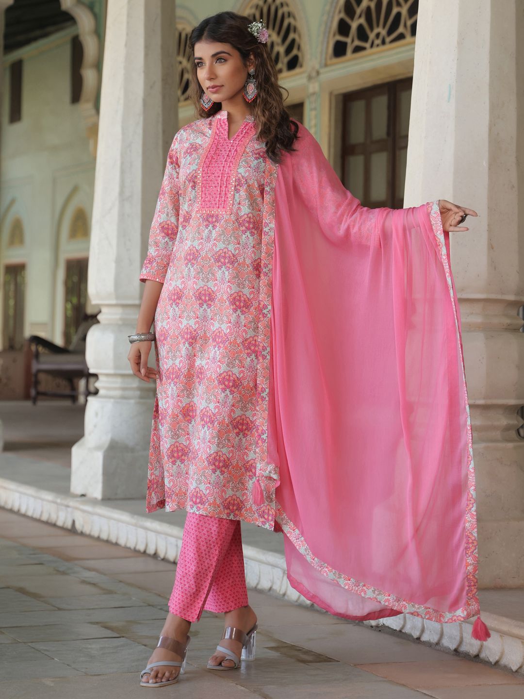 Dhiyona RR Women's Floral Printed Pure Cotton Kurta with Trousers & Dupatta
