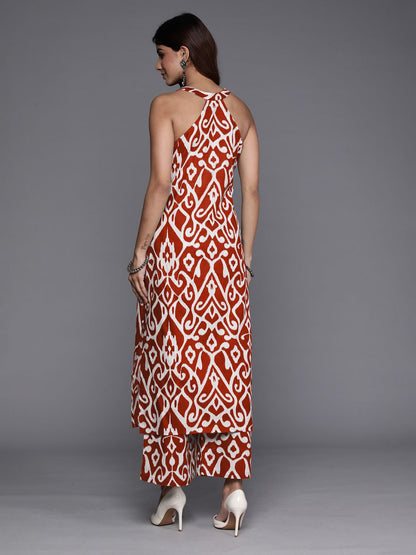 Red Ethnic Motifs Printed V-Neck Sleeveless Pure Cotton Straight Kurta With Palazzo