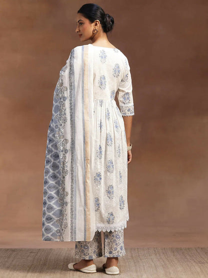 Women's LB White Printed Cotton A-line Kurta With Trousers & Dupatta