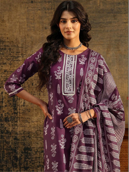 Burgundy Floral Printed Cotton Blend Straight Suit Set
