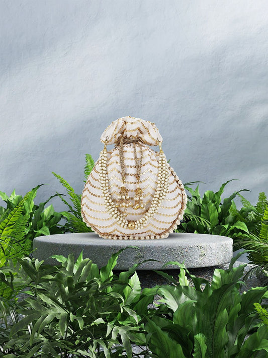 Dhiyona NR Off White & Gold-Toned Embellished Tasselled Potli Clutch