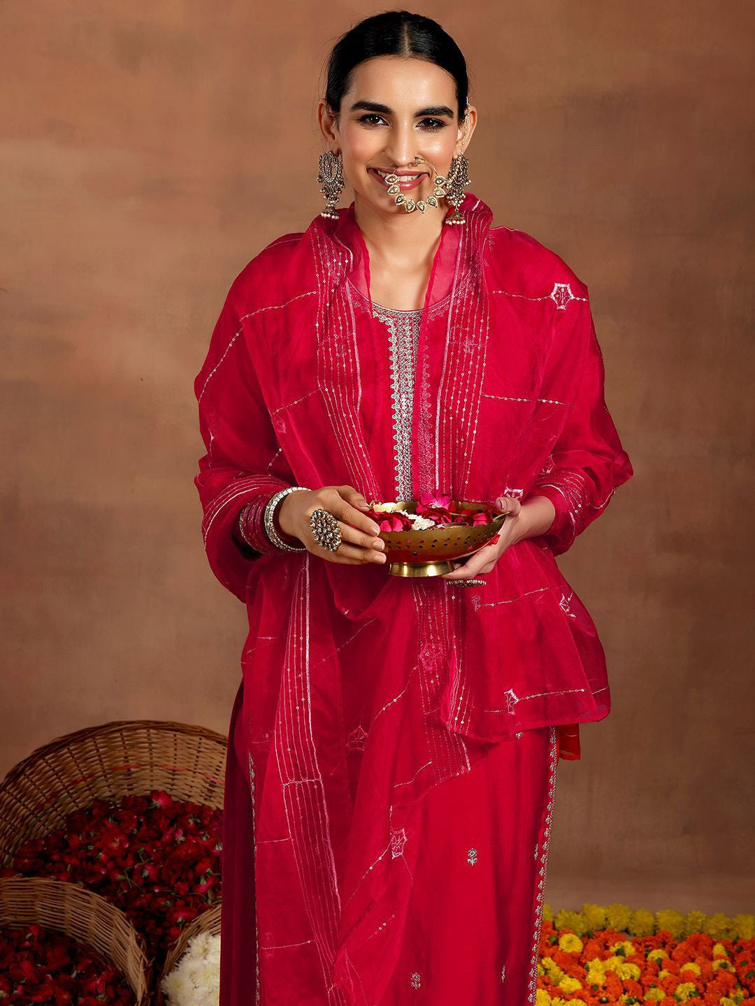 Women Floral Embroidered Regular Kurta with Trousers & With Dupatta