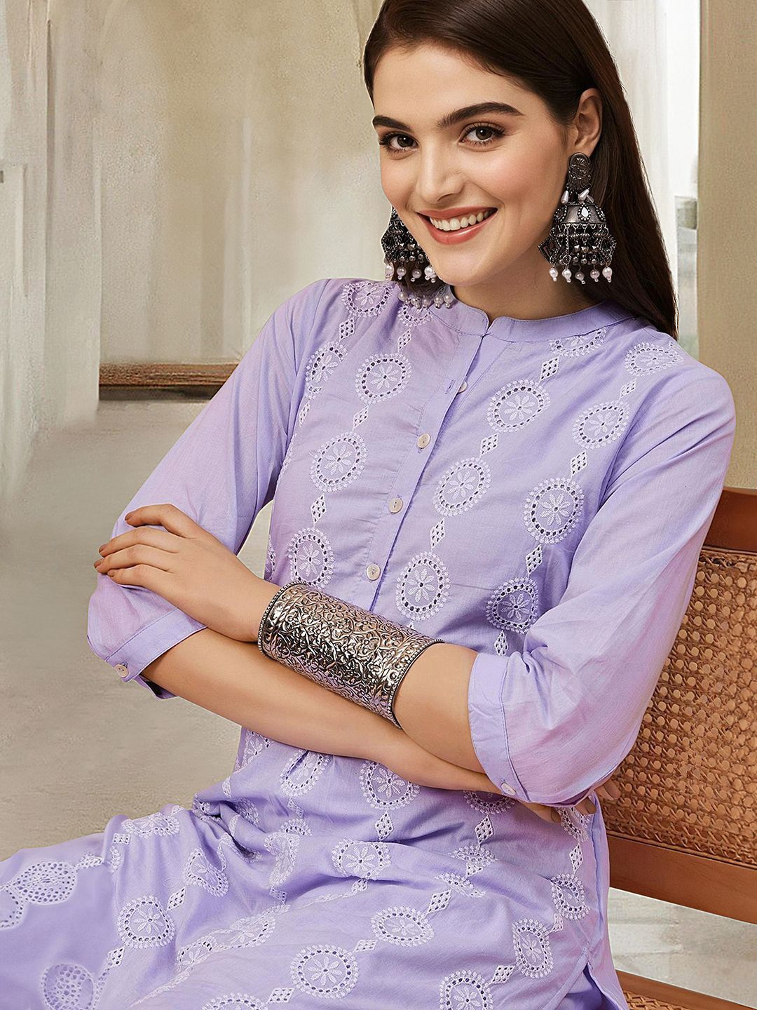 Dhiyona IS Women's Floral Embroidered Thread Work Pure Cotton Straight Kurta with Trousers