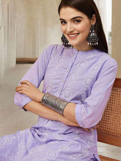 Dhiyona IS Women's Floral Embroidered Thread Work Pure Cotton Straight Kurta with Trousers