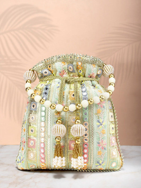 Dhiyona NR Sea Green & Pink Embroidered Potli Clutch