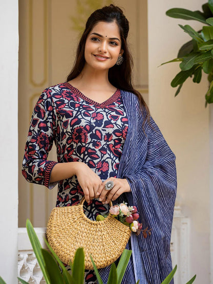 Dhiyona KL Floral Printed V Neck Straight Kurta With Trousers & Dupatta