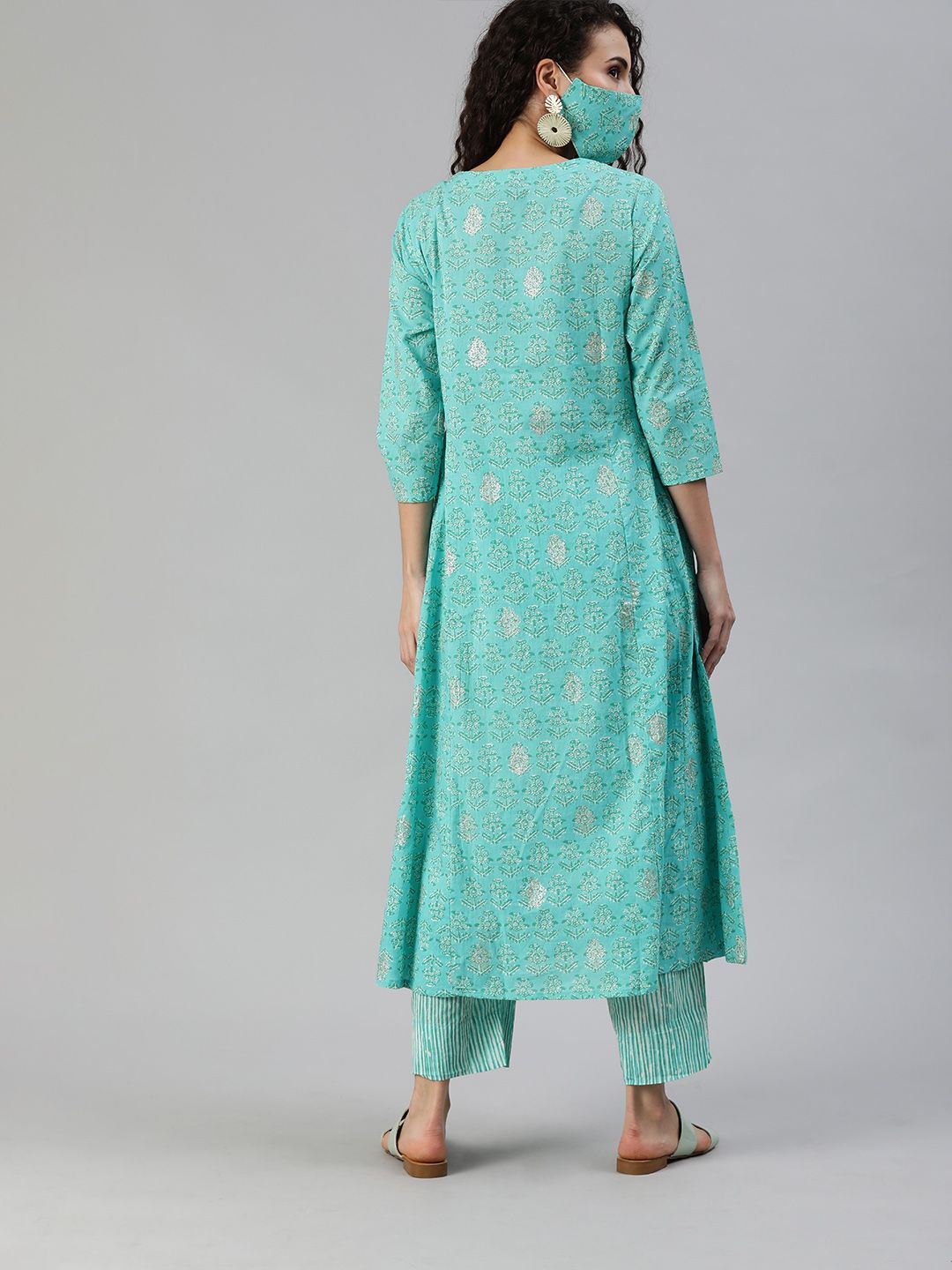 Dhiyona IS Women's Women Turquoise Blue White Printed Sequinned A-line Kurta Set