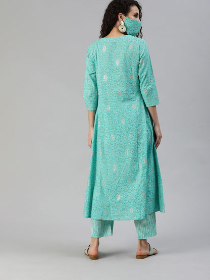 Dhiyona IS Women's Women Turquoise Blue White Printed Sequinned A-line Kurta Set