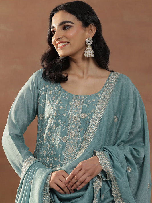 Blue Floral Embroidered Scoop Neck Sequinned Straight Kurta With Trousers & Dupatta