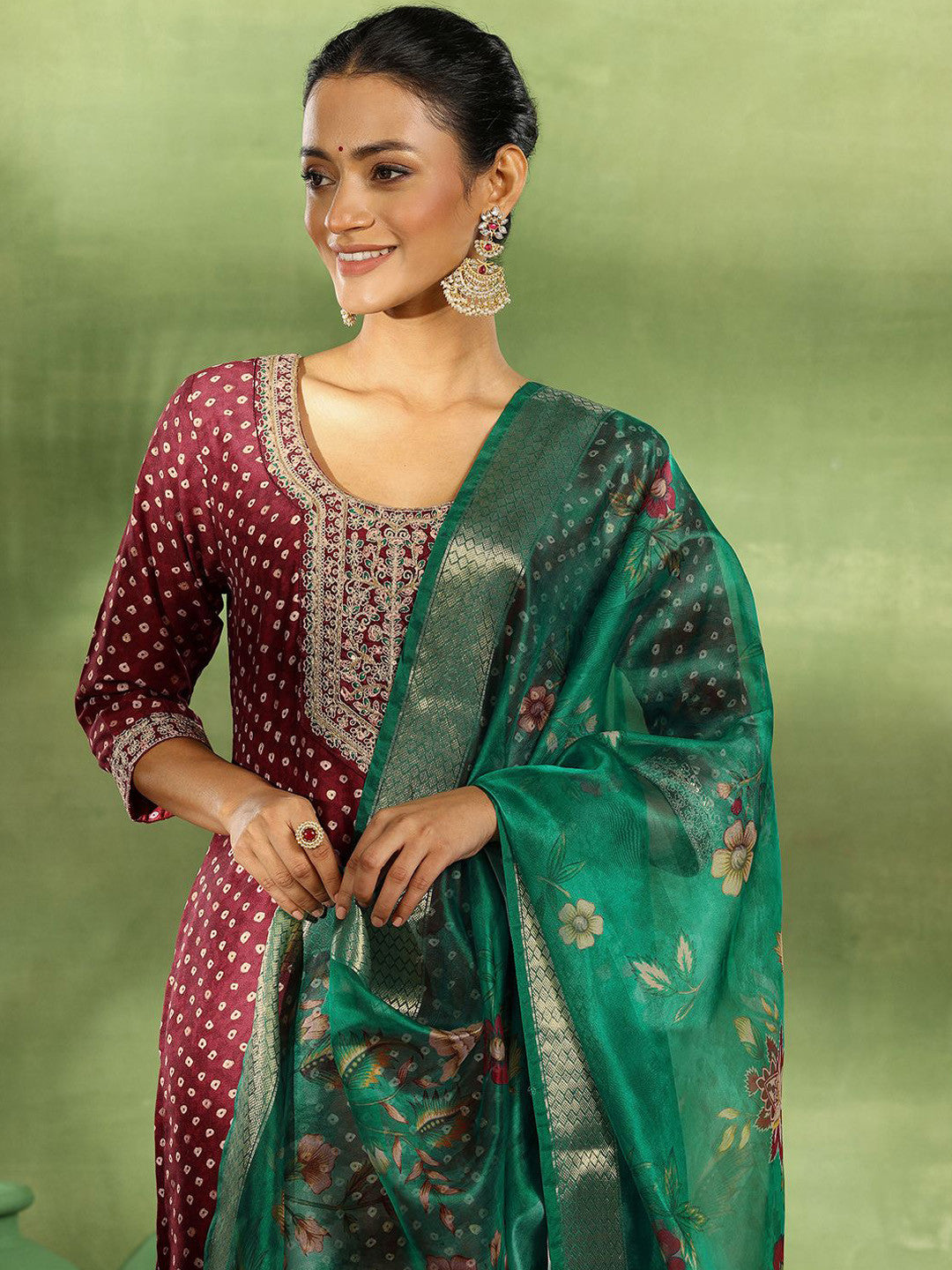 Bandhani Embroidered Sequinned Straight Kurta With Trouser & Dupatta