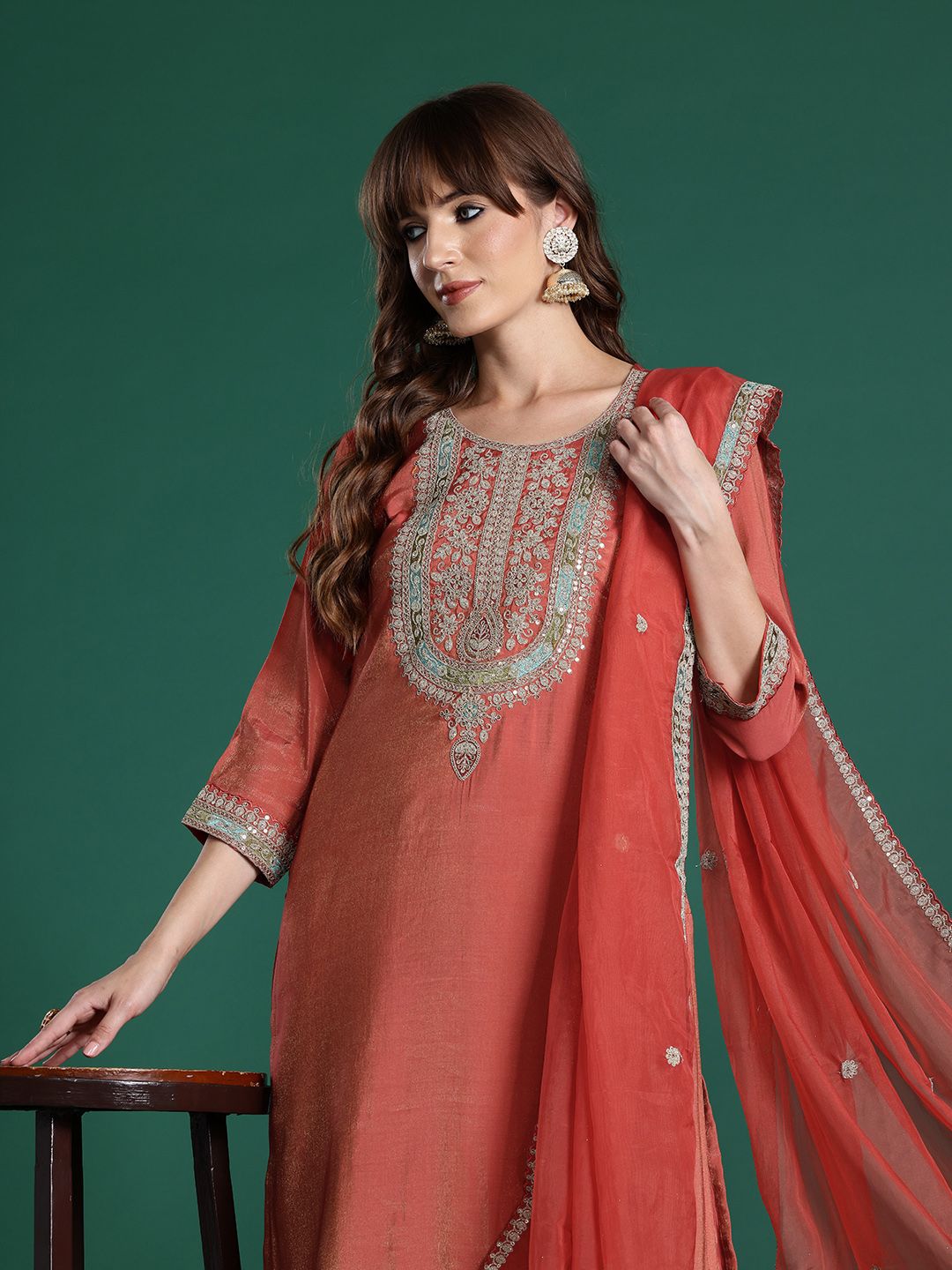 Dhiyona IE Ethnic Motifs Embroidered Sequinned Kurta with Trousers & With Dupatta