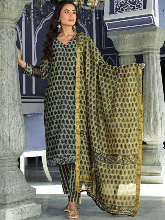 Dhiyona KL Ethnic Motifs Printed Straight Kurta & Trousers With Dupatta