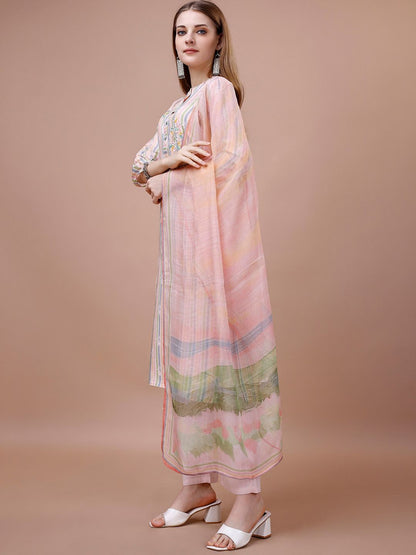 Dhiyona IS Women's Striped Band Collar Thread Work Straight Kurta & Trousers With Dupatta