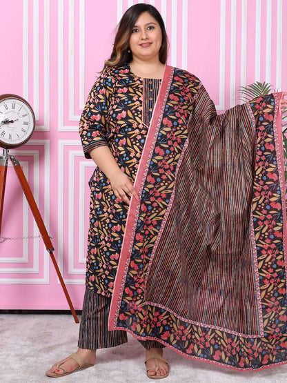 Dhiyona KL Plus Size Floral Printed Pure Cotton Straight Kurta with Trousers & Dupatta