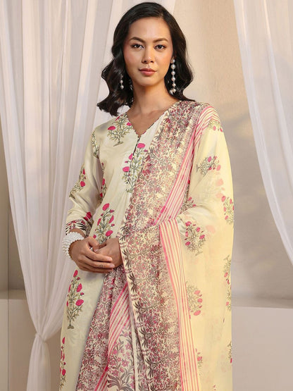 Off White Floral Printed Chanderi Silk Straight Suit Set with Dupatta