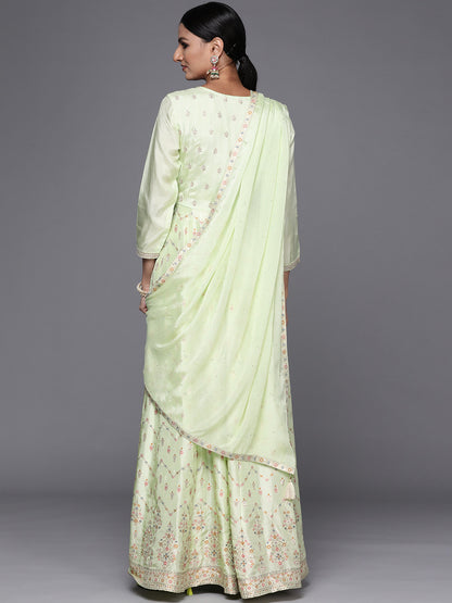 Womens Green Embroidered Anarkali Kurta With Churidar & Dupatta