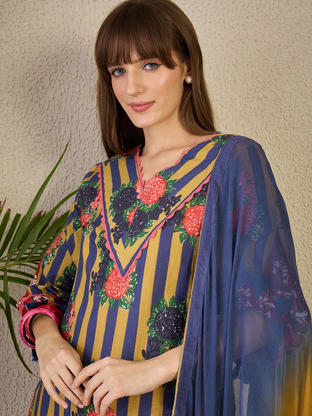 Dhiyona IE Adults-Women Floral Printed Cotton A-Line Kurta with Trousers & Dupatta