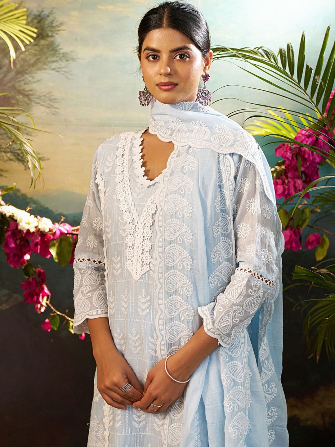 Dhiyona IE Women Ethnic Motifs Embroidered Cotton Kurta with Trousers & Dupatta
