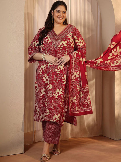 Dhiyona Women's Plus Size Floral Printed Kurta with Trousers & With Dupatta