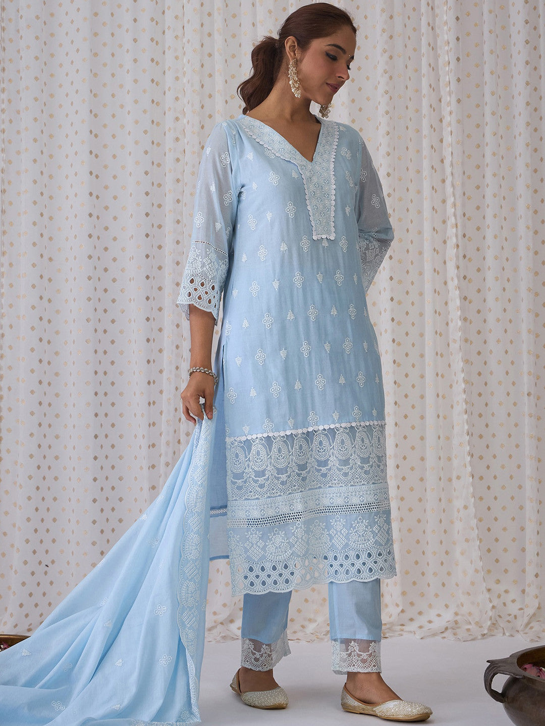 Ethnic Embroidered V-Neck Thread Work Pure Cotton Kurta with Trousers & Dupatta