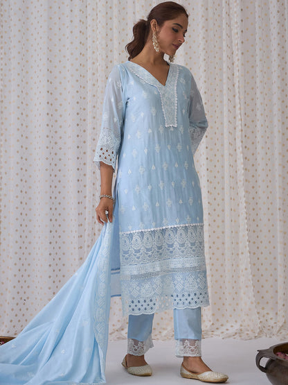 Ethnic Embroidered V-Neck Thread Work Pure Cotton Kurta with Trousers & Dupatta