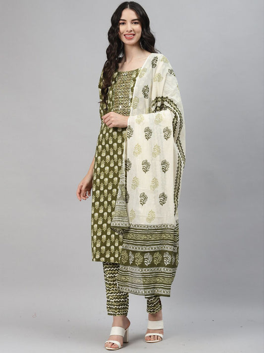 Dhiyona KL Women Floral Printed Mirror Work Kurta with Trousers & Dupatta