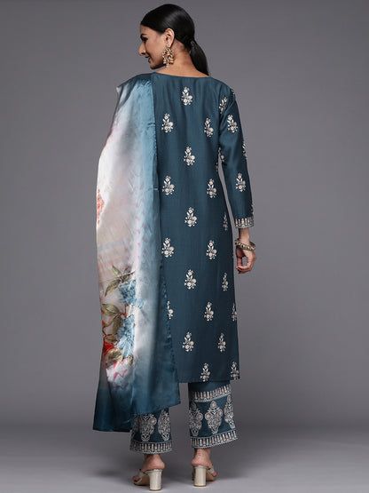 Women Blue Floral Motifs Printed Kurta with Trousers & Dupatta