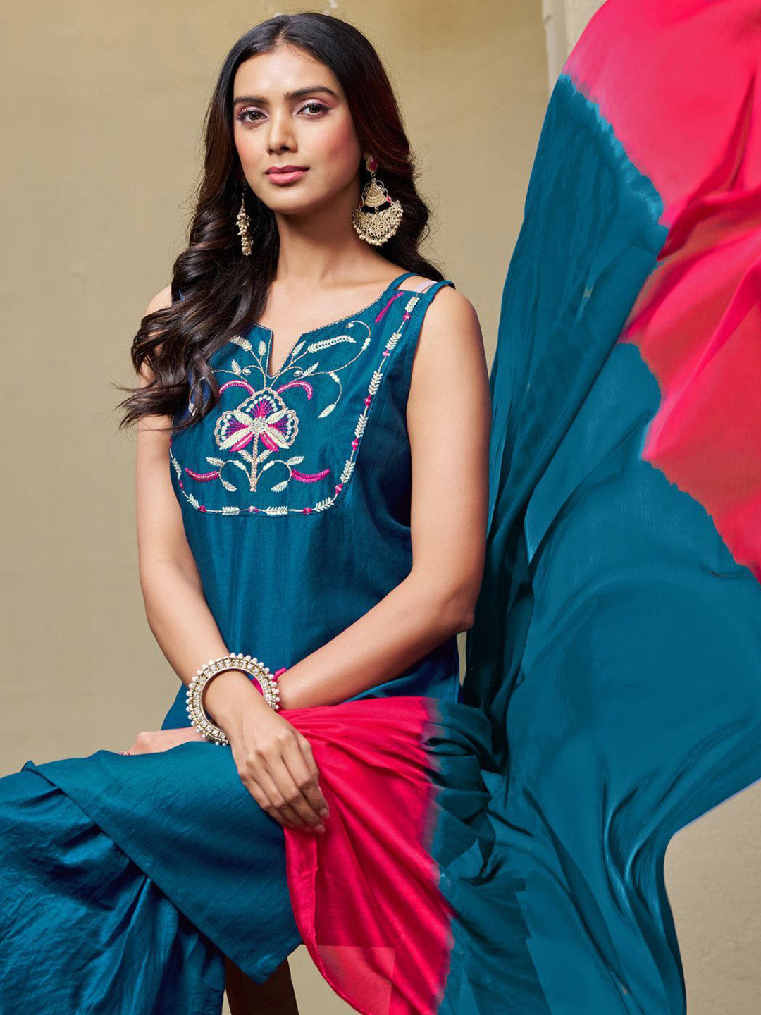 Dhiyona SN Women Cotton Silk Embroidered Straight Kurta Sharara With Dupatta Set