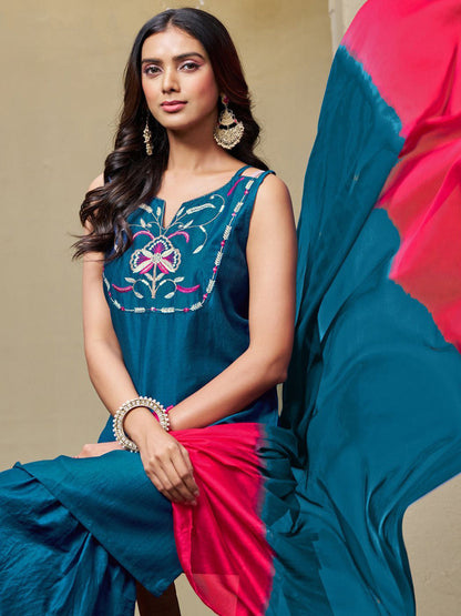 Women Cotton Silk Embroidered Straight Kurta Sharara With Dupatta Set