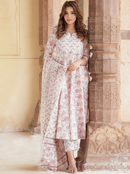 Dhiyona KL Floral Printed V-Neck Regular Gotta Patti Kurta With Trousers & Dupatta