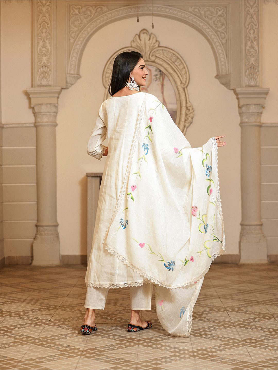 Dhiyona IS Women's Floral Embroidered Pure Cotton A-Line Kurta With Trouser & Dupatta