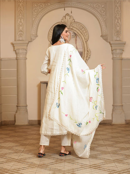 Dhiyona IS Women's Floral Embroidered Pure Cotton A-Line Kurta With Trouser & Dupatta