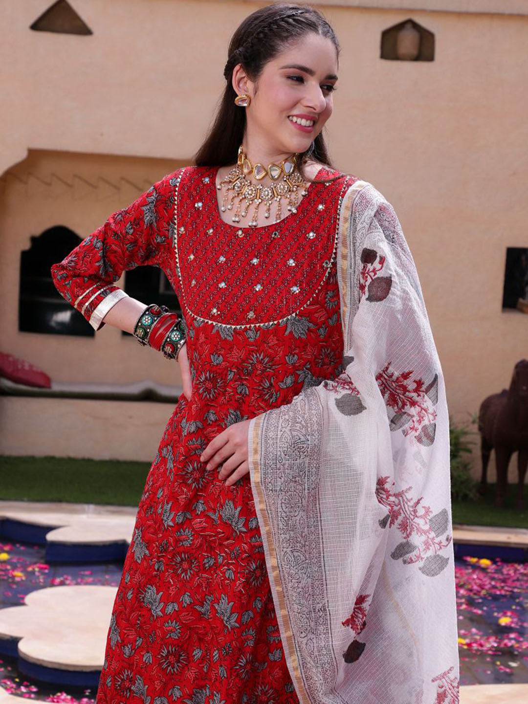 Red Floral Printed Mirror Work Pure Cotton A-Line Kurta Set