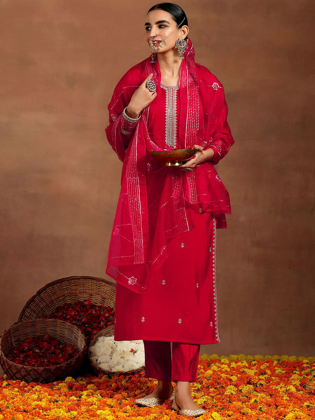 Floral Embroidered Kurta with Trouser & Dupatta