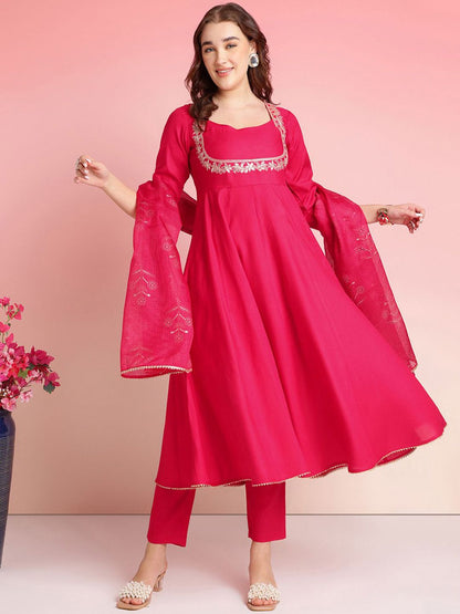 Dhiyona KL Floral Yoke Design Sequinned Anarkali Kurta With Trousers & Dupatta