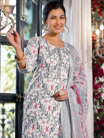 Dhiyona KL Floral Printed Regular Mirror Work Pure Cotton Kurta with Trousers & With Dupatta