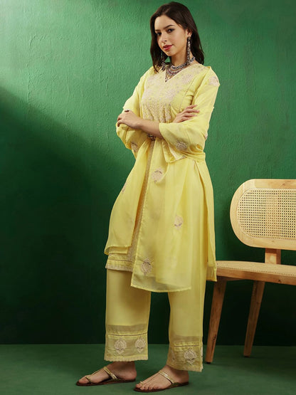 Dhiyona SN Yellow & White Embroidered Organza Panelled Straight Kurta With Palazzos & Dupatta