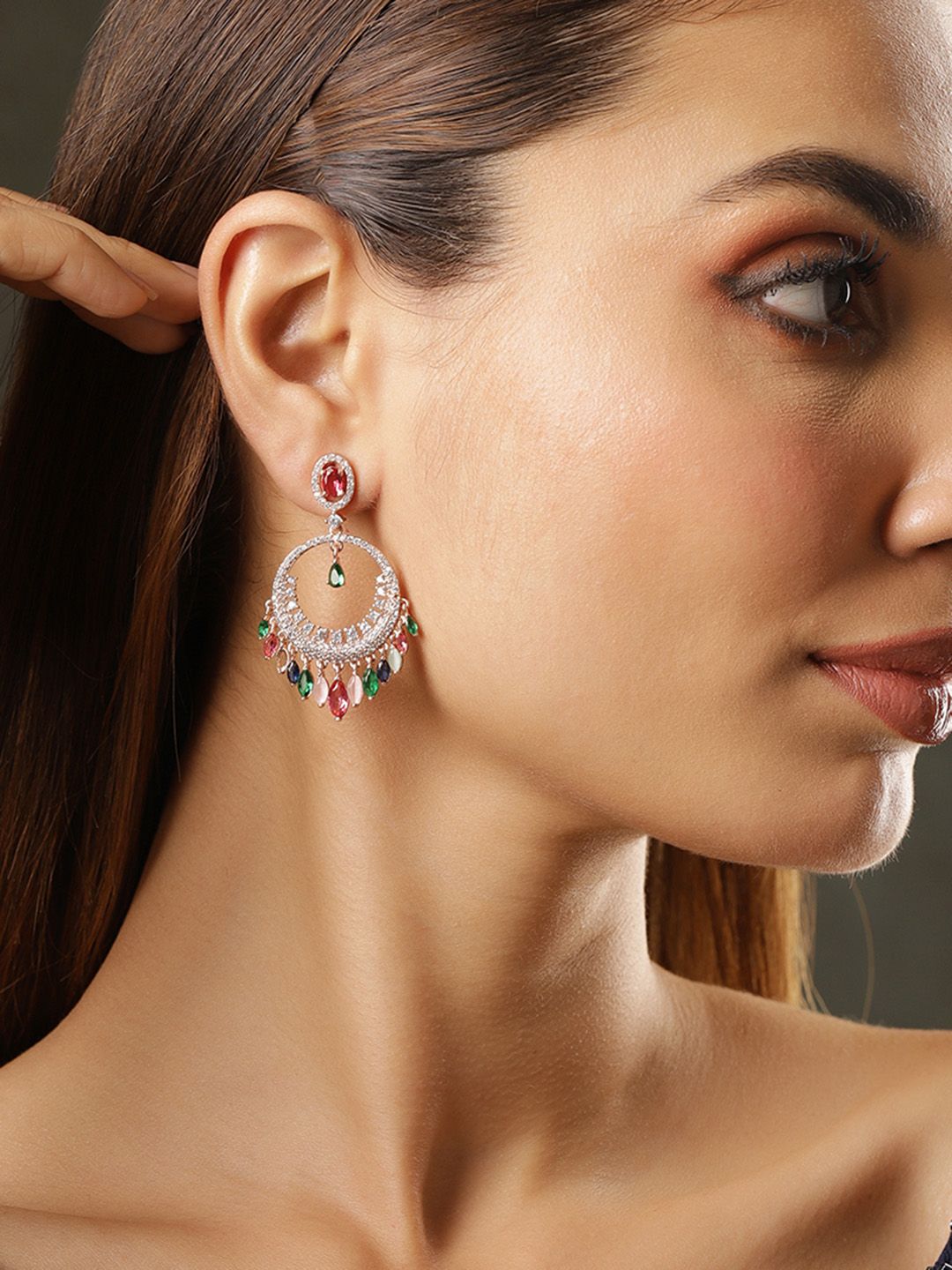 Dhiyona RJ Women's 22K Rose Gold-Plated Multicolor Cubic Zirconia Studded Chandbali Earrings