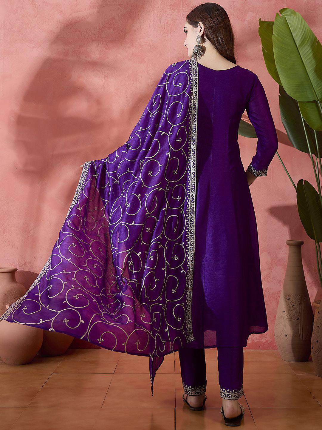 Ethnic Motifs Embroidered Round Neck Panelled A-Line Kurta With Trousers & Dupatta