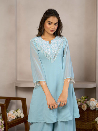 Dhiyona CH Floral Embroidered Round Neck Beads And Stones A-Line Kurta With Palazzos