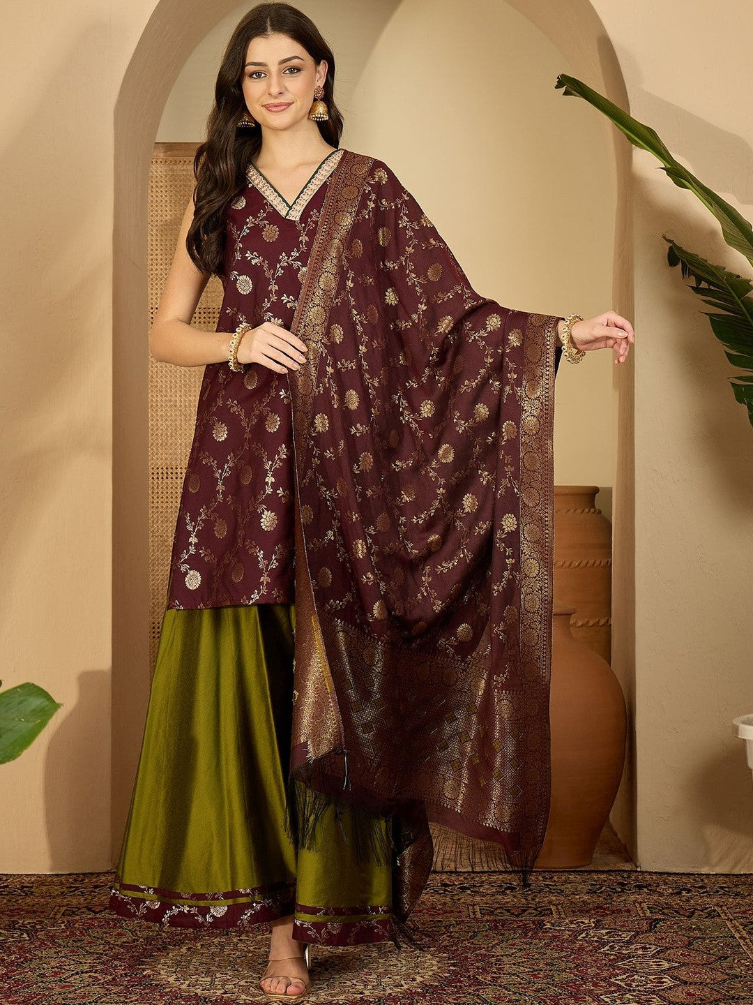 Dhiyona SN Floral Woven Design Winter Pashmina V-Neck Zari Work Kurta With Palazzo & Dupatta