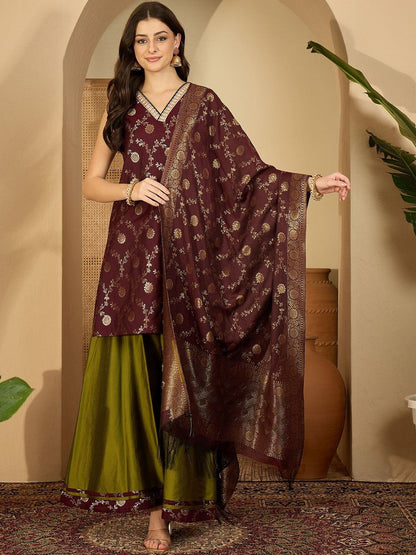 Floral Woven Design Winter Pashmina V-Neck Zari Work Kurta With Palazzo & Dupatta