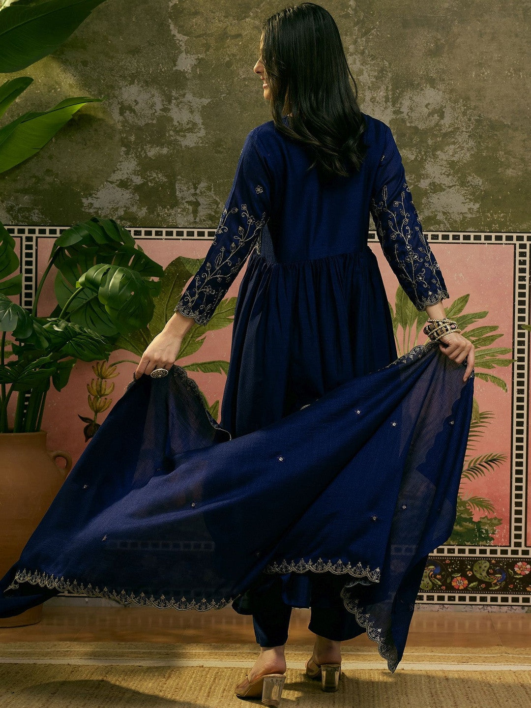Embroidered V-Neck Kurta & Trousers Kurta Sets