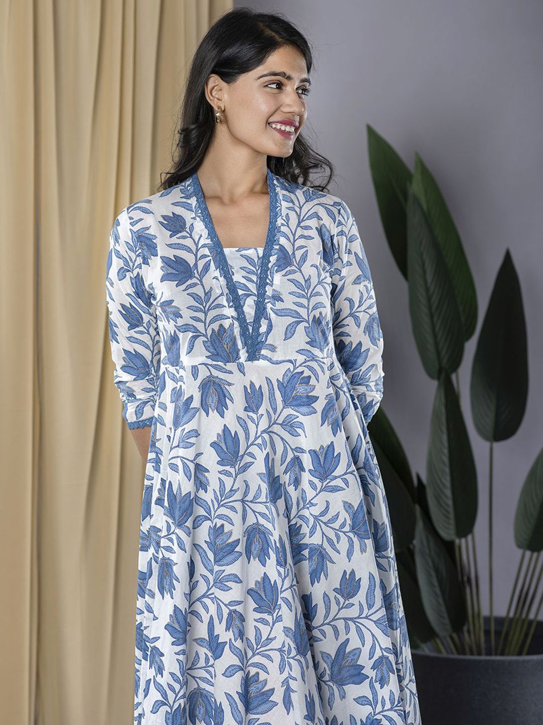 Dhiyona KL Floral Printed V-Neck Pure Cotton Anarkali Kurta With Trousers & Dupatta