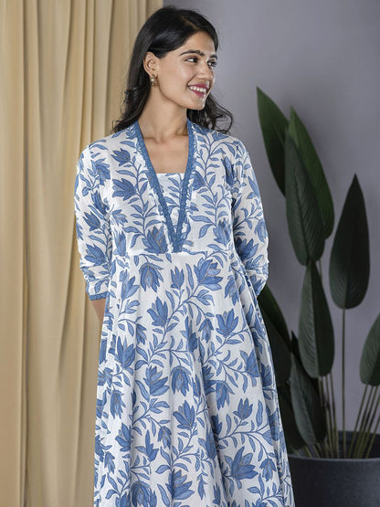 Dhiyona KL Floral Printed V-Neck Pure Cotton Anarkali Kurta With Trousers & Dupatta