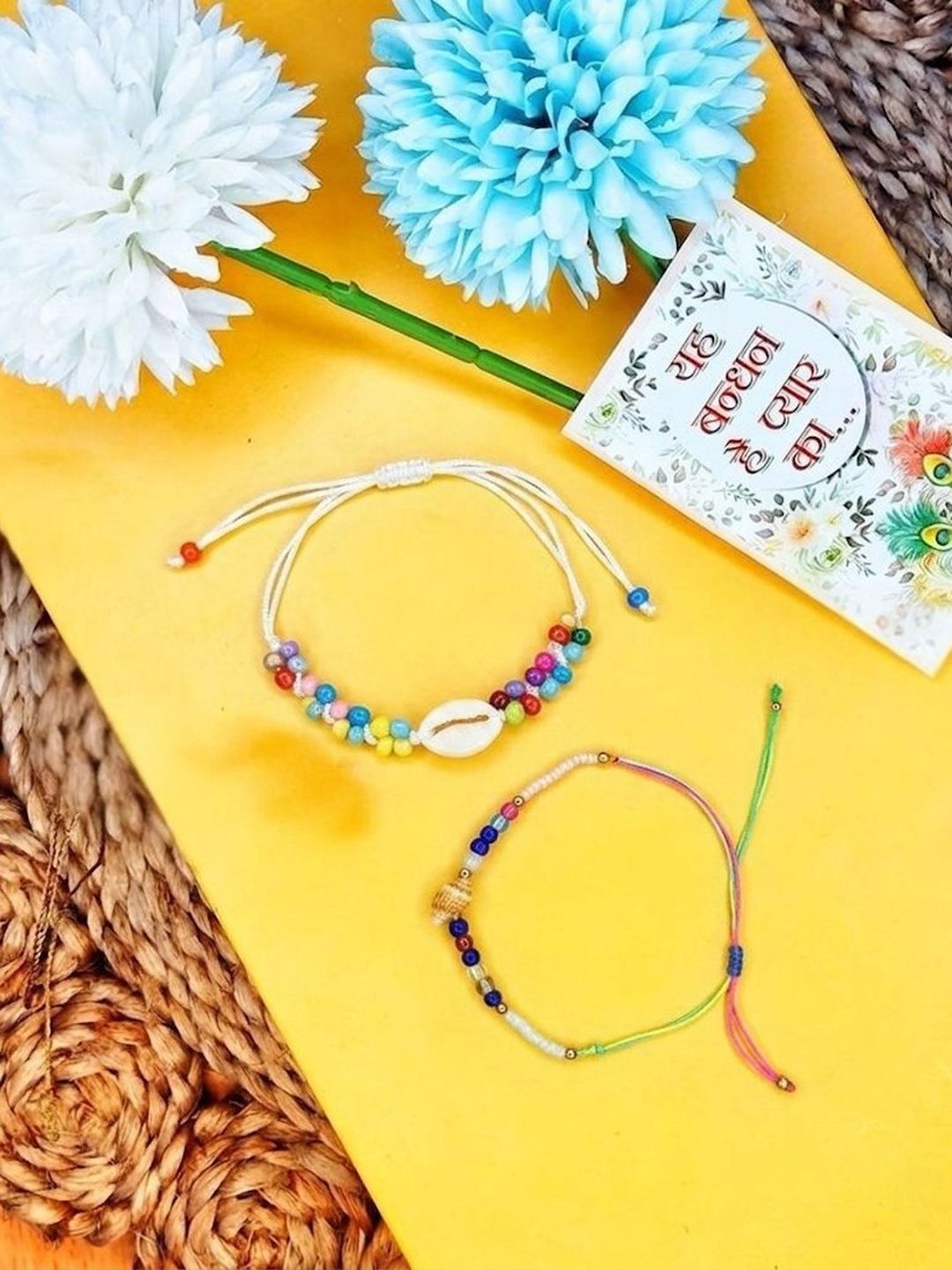 Dhiyona Set Of 2 Artificial Beads Thread Rakhi With Roli Chawal Chandan Mishri