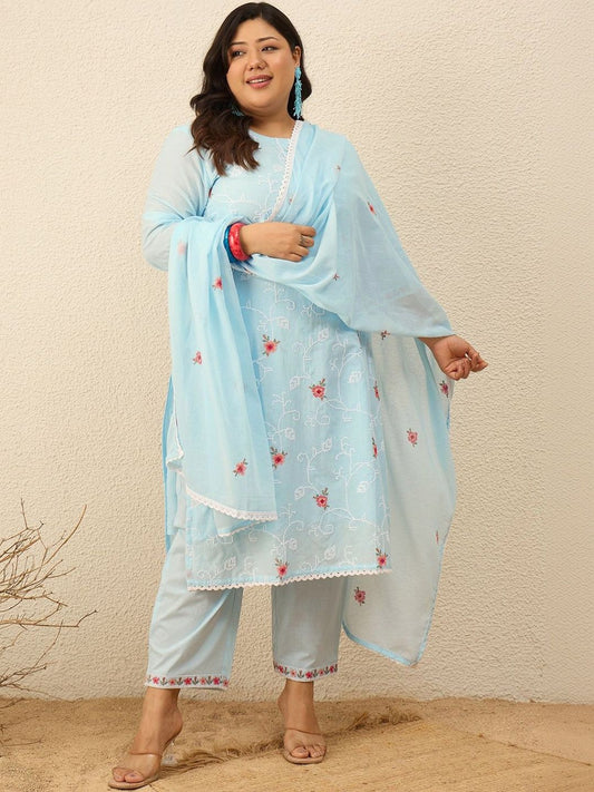 Dhiyona Women's Floral Embroidered Regular Thread Work Pure Cotton Kurta with Trousers & With Dupatta