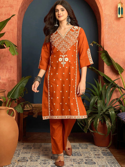 Women Ethnic Motifs Embroidered Regular Thread Work Pure Cotton Kurta with Trousers & With Dupatta