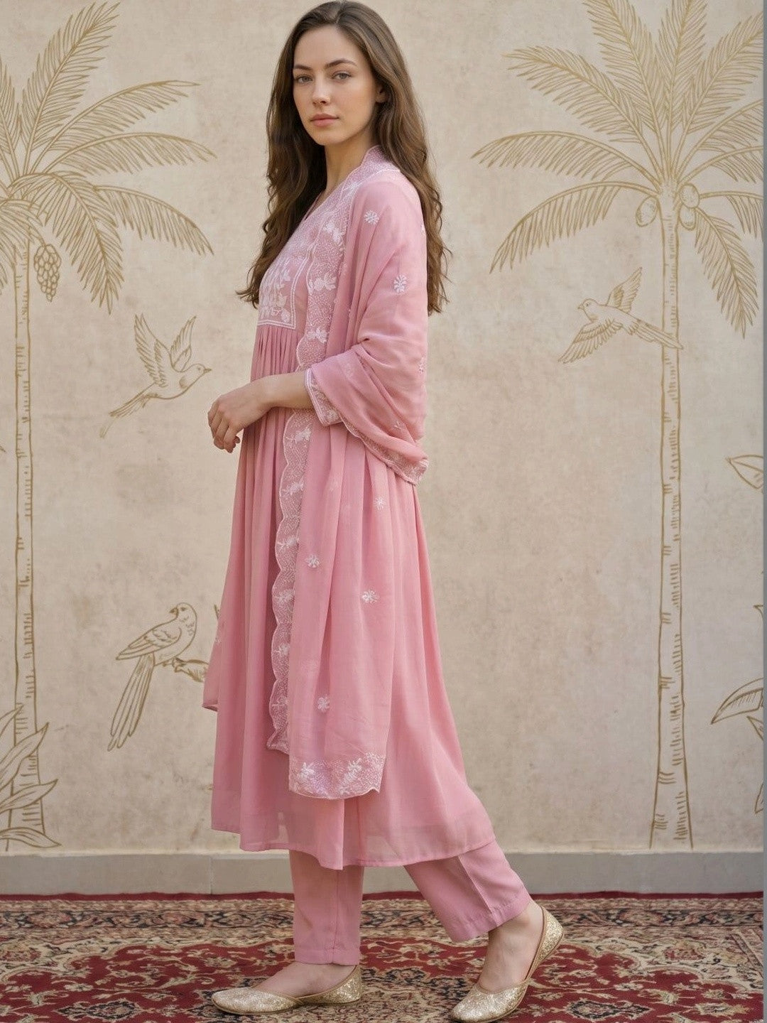 Women Ethnic Motifs Embroidered Empire Chikankari Kurta with Trousers & With Dupatta